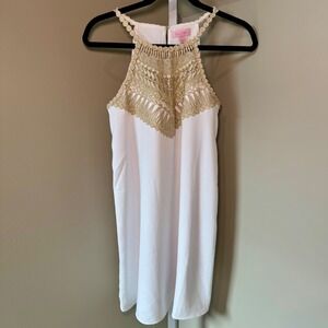 Lilly Pulitzer Pearl Soft Shift Dress Resort‎ White Gold Metallic Lace Halter